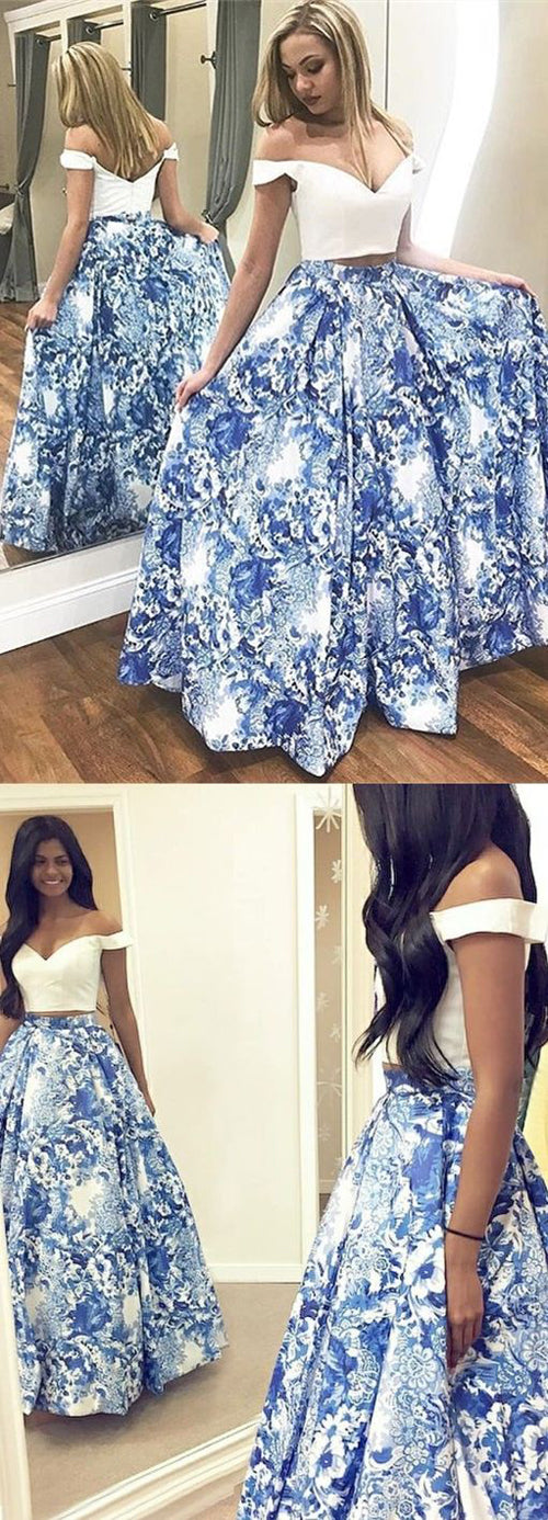 Blue Floral Satin Two Piece Off-the-Shoulder Long Prom Dress, Party Dress from simidress.com