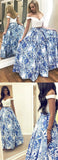 Blue Floral Satin Two Piece Off-the-Shoulder Long Prom Dress, Party Dress from simidress.com