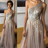 Elegant Tulle A Line One Shoulder Shinning Side Split Floor Length Long Prom Dress from simidress.com