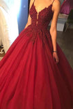 Elegant Red Tulle A Line V-neck Spaghetti Straps Floor Length Long Prom Dress, M265