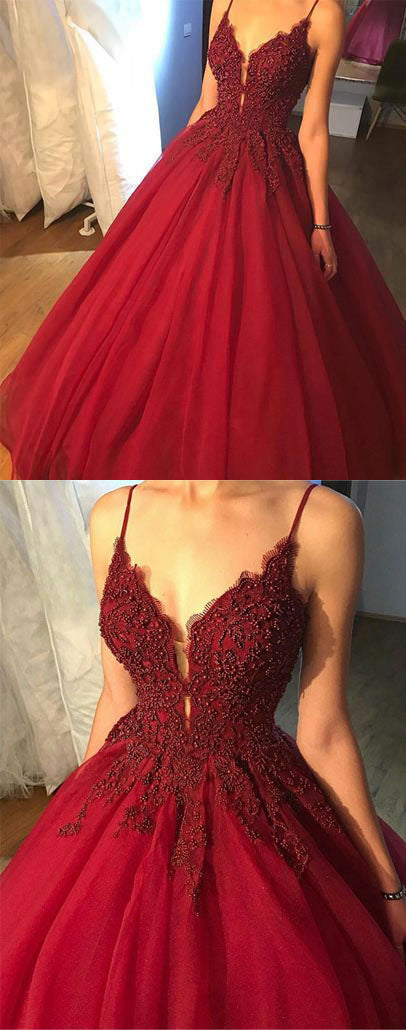 Elegant Red Tulle A Line V-neck Spaghetti Straps Floor Length Long Prom Dress from simidress.com