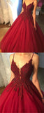 Elegant Red Tulle A Line V-neck Spaghetti Straps Floor Length Long Prom Dress from simidress.com