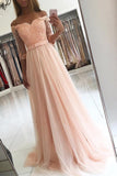 Pink Half Sleeves Tulle A-line Floor-length Off Shoulder Lace Prom Dress with Appliques, M267