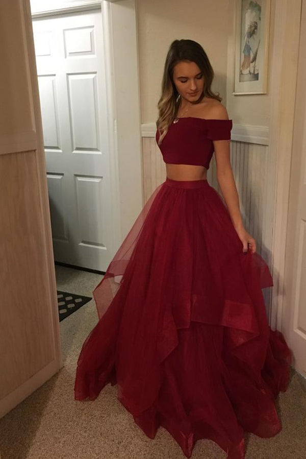 Red Two Pieces Tulle Off Shoulder Prom Dresses Cheap, Long Party Gowns, M269