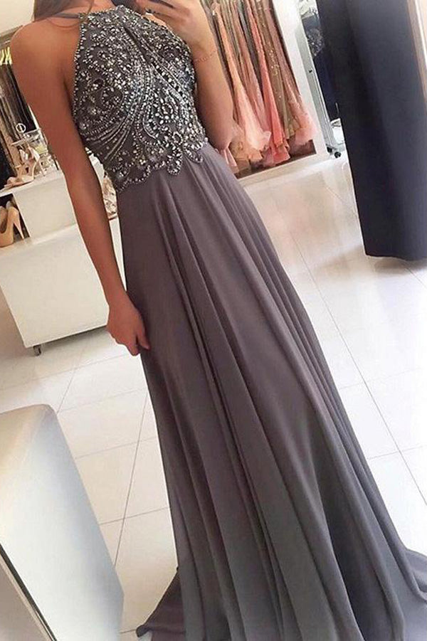 Grey Chiffon Halter Long Prom Dresses with Beading Homecoming Formal Dress for Girls, M270