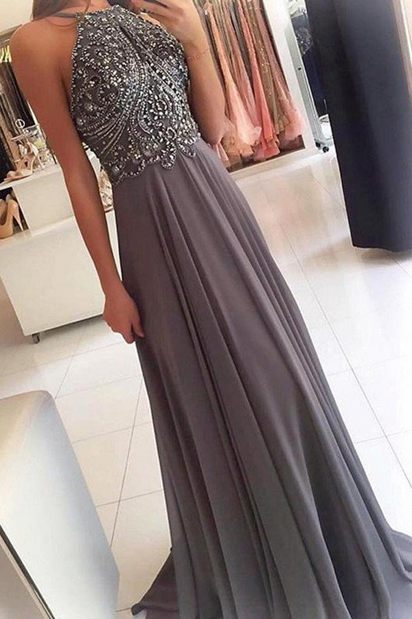 Grey Chiffon Halter Long Prom Dresses with Beading Homecoming Formal Dress for Girls, M270