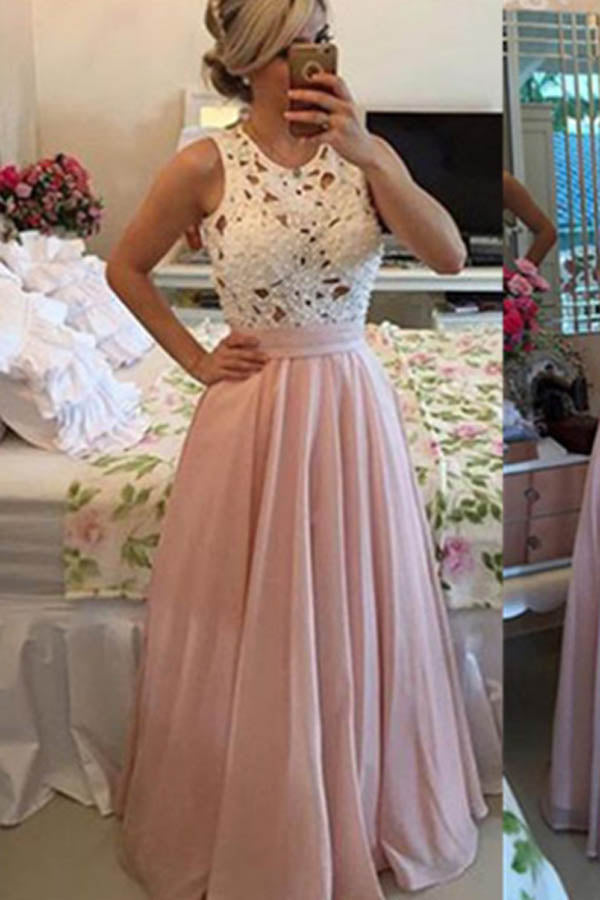 High Neck Pink A-line Floor-length Chiffon Long Prom Dresses Party Dress M271