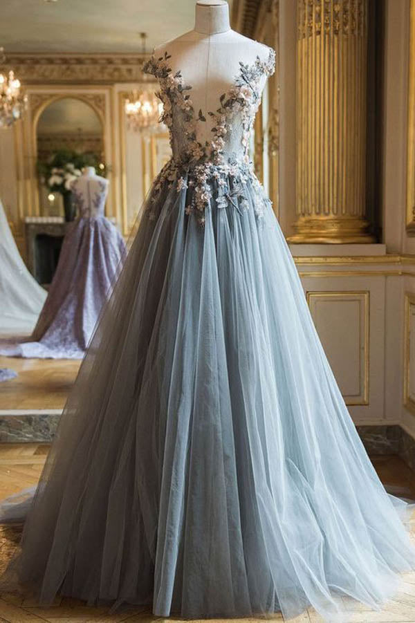 Grey Tulle A-line Long Prom Dresses Evening Dresses Formal Dresses with Flowers, M272