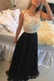 Pearls Black A-line Lace Jewel Sleeveless Long Prom Dress, Evening Dresses, M273