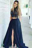 Dark Blue Two Piece High Neck Satin Long Prom Dress with Side Split, M274