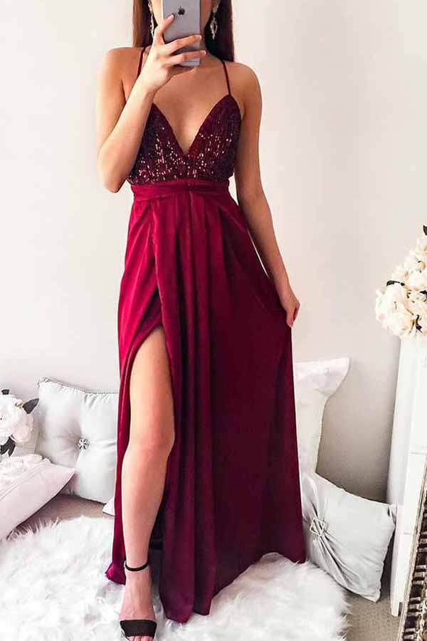 Dark Red Spaghetti Straps Pleated Long Prom Dress with Sequins, Party Dress, M275