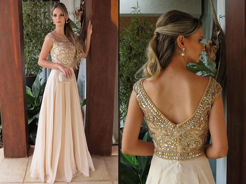 Elegant Chiffon Round Neck Cap Sleeves Long A Line Prom Dress with Beading at simidress.com