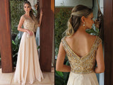 Elegant Chiffon Round Neck Cap Sleeves Long A Line Prom Dress with Beading at simidress.com