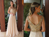 Elegant Chiffon Round Neck Cap Sleeves Long A Line Prom Dress with Beading at simidress.com
