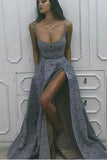 Spaghetti Straps Lace Scoop Sleeveless Long Prom Dress, Evening Dress with Split, M277