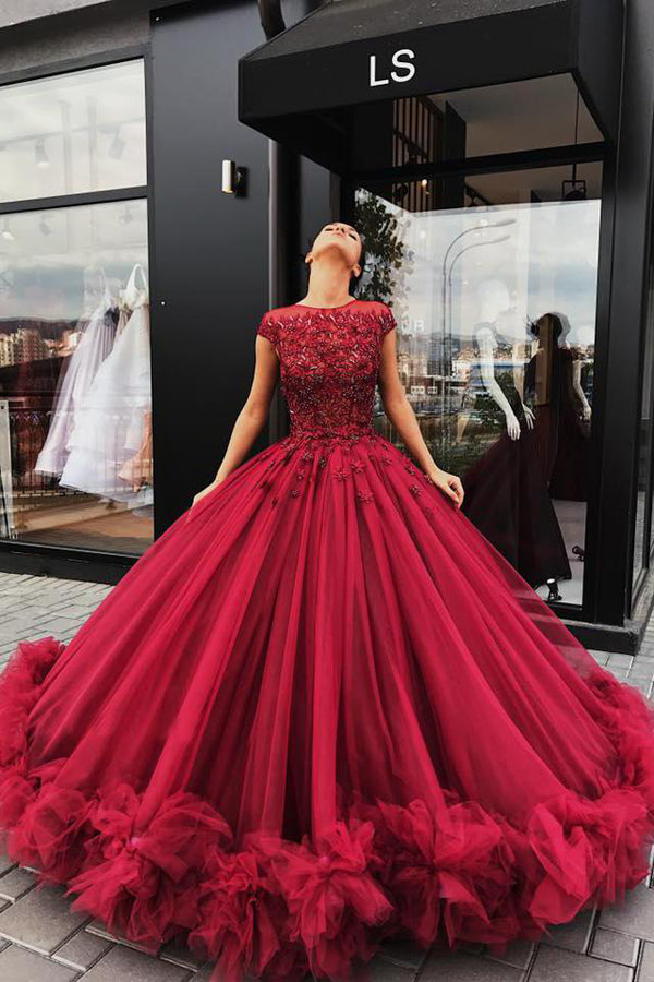 Red Tulle Ball Gown Prom Dress With Appliques, Sweet 16 Dress, Quincea Simidress Red Tulle Ball Gown Prom Dress With Appliques, Sweet 16 Dress, Quincea Simidress