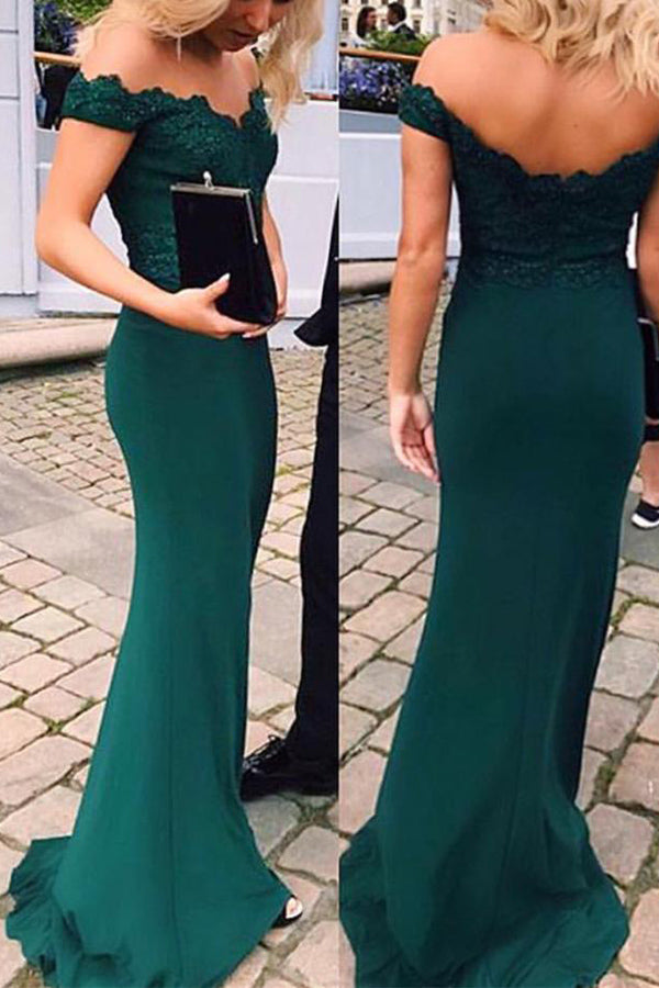 Green Off-shoulder Floor-length Mermaid Party Dress, Long Prom Dresses With Appliques, M279
