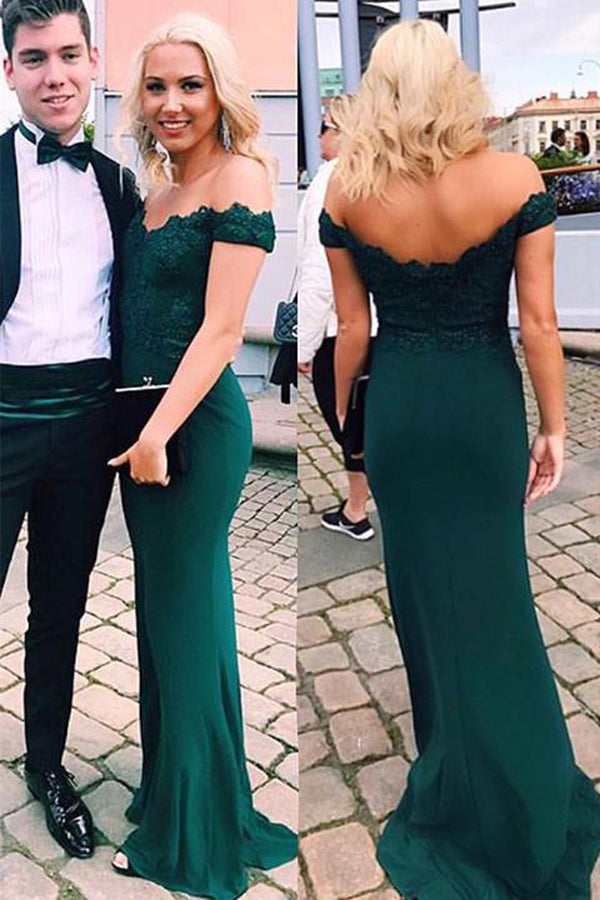 Green Off-shoulder Floor-length Mermaid Party Dress, Long Prom Dresses With Appliques at simidress.com