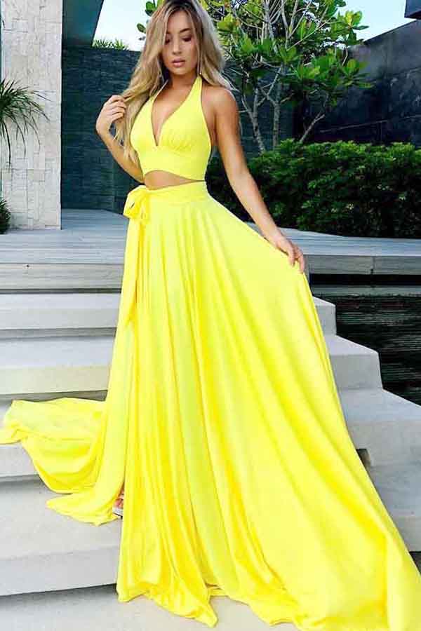 Charming Yellow Satin Two Piece V-Neck Long Prom Party Dresses with Split, M281