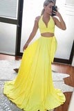 Charming Yellow Satin Two Piece V-Neck Long Prom Party Dresses with Split, M281 at simidress.com