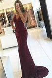 Shiny Burgundy V-neck Mermaid Straps Backless Sequined Long Prom Dresses, M283