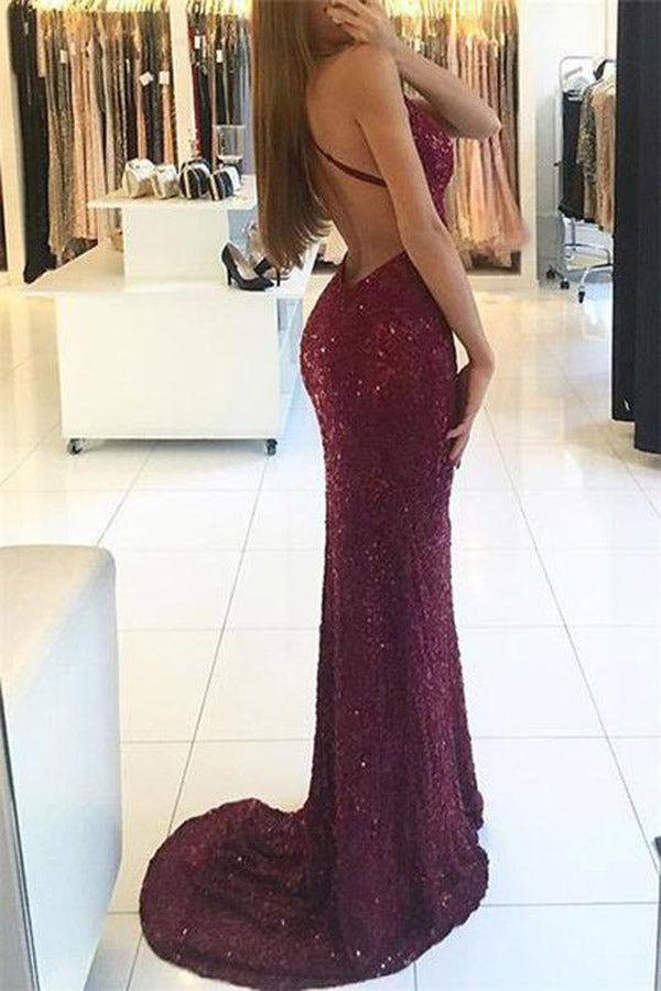 Shiny Burgundy V-neck Mermaid Straps Backless Sequined Long Prom Dresses, M283 at simidress.com