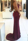 Shiny Burgundy V-neck Mermaid Straps Backless Sequined Long Prom Dresses, M283 at simidress.com