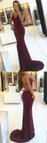 Shiny Burgundy V-neck Mermaid Straps Backless Sequined Long Prom Dresses at Simidress