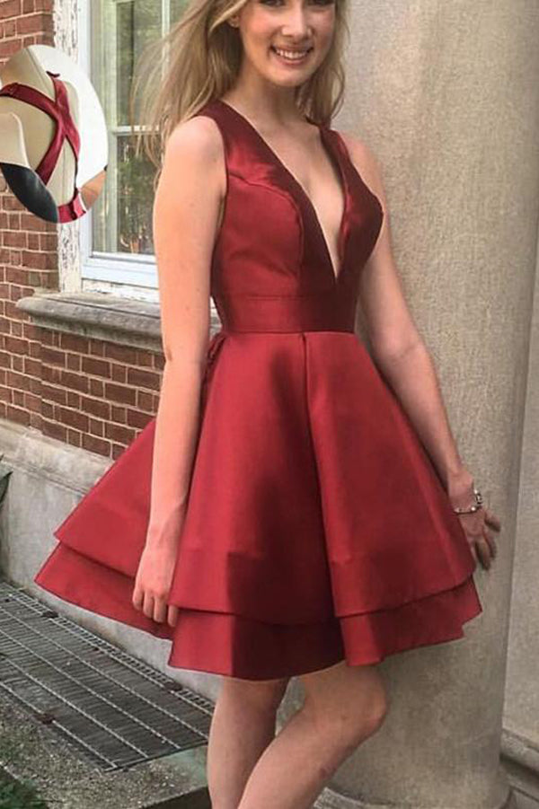 Popular Burgundy Satin V-neck Neckline A-line Homecoming Dresses With Pleats, SH283