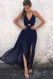 Navy-Blue Chiffon A-Line Halter Backless Prom Dresses, V-neck Prom Gowns, M284