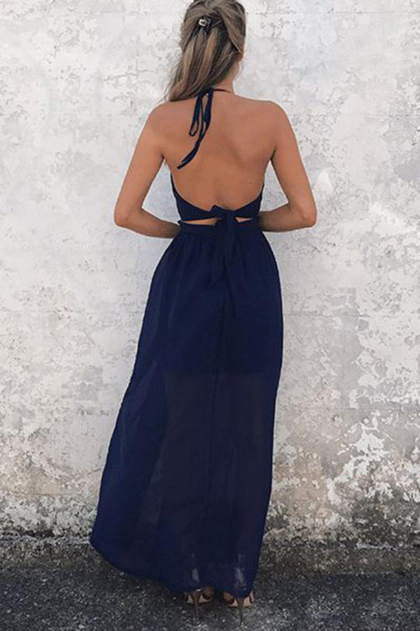 Navy-Blue Chiffon A-Line Halter Backless Prom Dresses, V-neck Prom Gowns, M284 at simidress.com