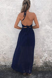 Navy-Blue Chiffon A-Line Halter Backless Prom Dresses, V-neck Prom Gowns, M284 at simidress.com