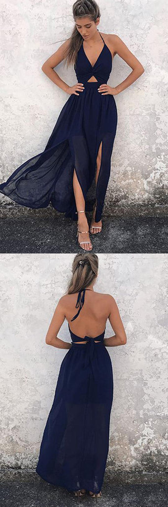 Navy-Blue Chiffon A-Line Halter Backless Prom Dresses, V-neck Prom Gowns
