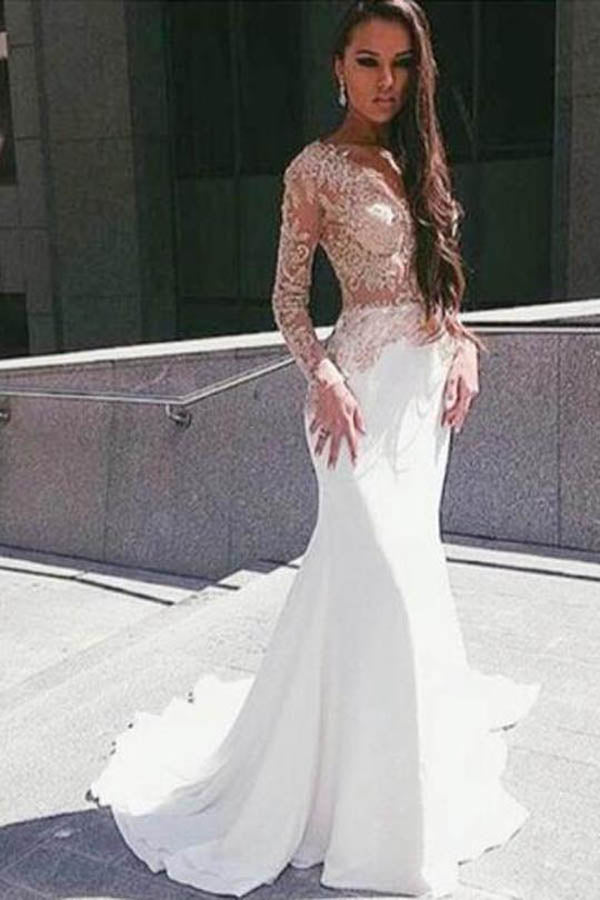 White Illusion Mermaid Long Sleeve Floor Length Prom Dress With Appliques,  M285 – Simidress