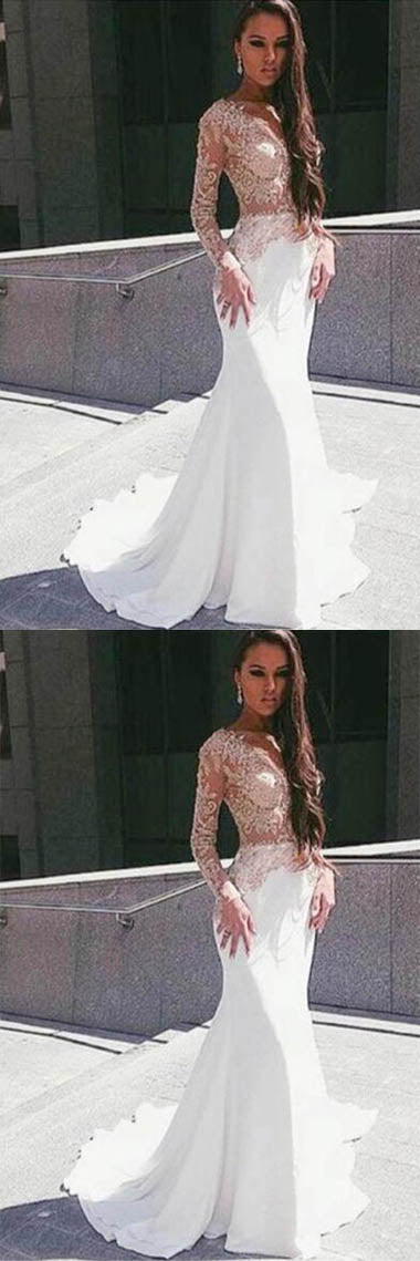 White Illusion Mermaid Long Sleeve Floor Length Prom Dress With Appliques, M285 at simidress.com