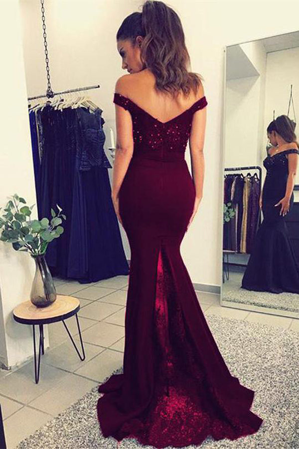 Fabulous Burgundy Lace V-neck Mermaid Long Prom Dresses Party Dress with Beading, M286 at simidress.com