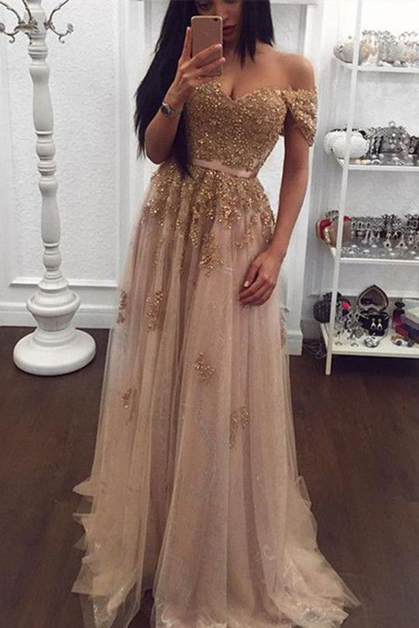 johnny was navy beaded mesh dress Gold Tulle Beaded Lace Sweetheart Off Shoulder Long Prom Dress Evening Gowns,  M287 – Simidress