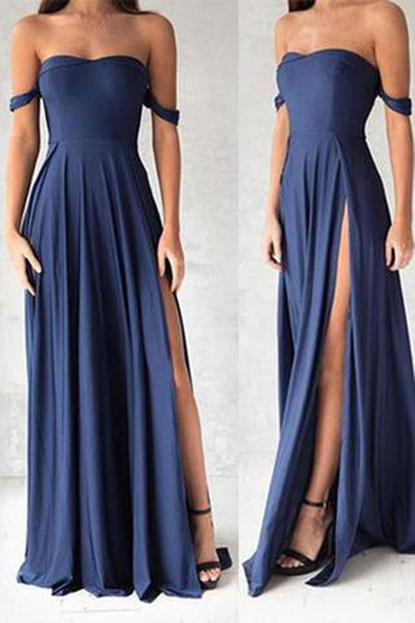 Charming Off Shoulder Long Prom Dresses with Side Slit, Cheap Evening Gowns, M289