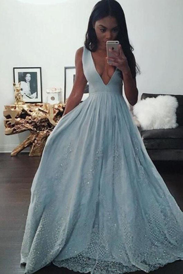 Light Blue A-line Sleeveless Deep V-neck Long Prom Dresses, Formal Dress with Lace, M290