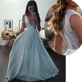 Light Blue A-line Sleeveless Deep V-neck Long Prom Dresses, Formal Dress with Lace, M290 at simidress.com