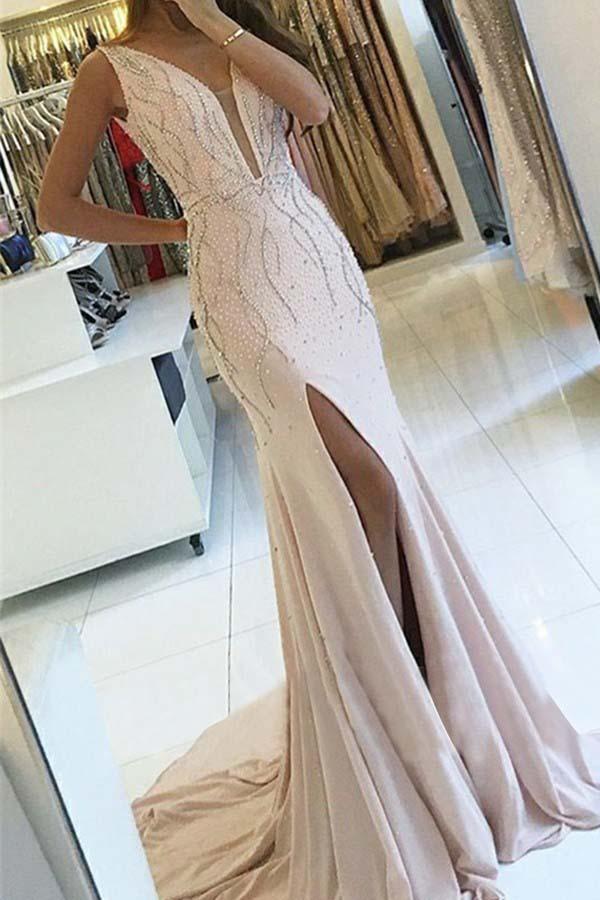 Pearl Pink Backless Sheath V-Neck Sweep Train Long Prom Dress with Beading, M292