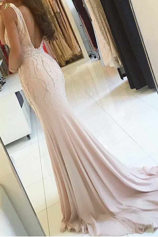 Pearl Pink Backless Sheath V-Neck Sweep Train Long Prom Dress with Beading, M292 at simidress.com