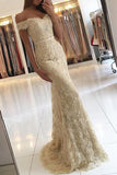 Gold Lace Mermaid Off Shoulder Long Prom Dresses, Party Prom Dress, Formal Dress, M295