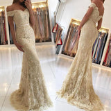 Gold Lace Mermaid Off Shoulder Long Prom Dresses, Party Prom Dress, Formal Dress, M295 at simidress.com