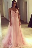 Pink Tulle Spaghetti Strap A-line V-Neck Long Prom Dress Evening Dress, M293