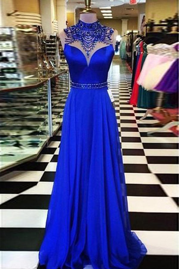 Royal Blue High Neck Long Prom Dress Evening Dresses Formal Dress with Beading, M294 at simidress.com
