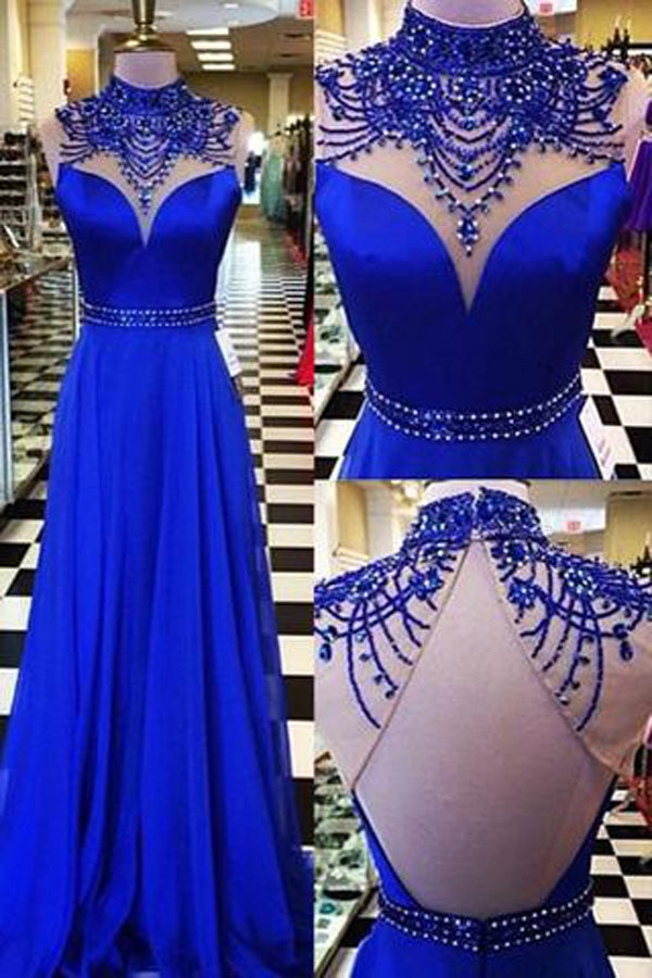 Royal Blue High Neck Long Prom Dress Evening Dresses Formal Dress with Beading, M294