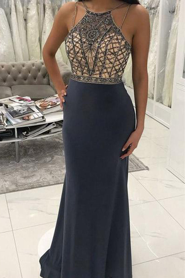 Grey Mermaid Round Neck Floor-Length Long Prom Dress with Beading, M297