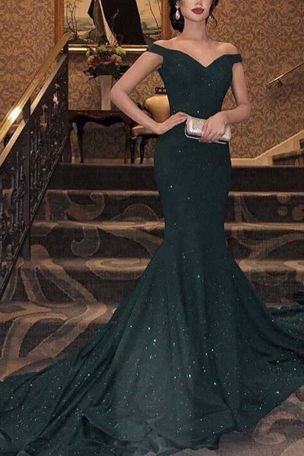 Gorgeous Green Sparkly Mermaid V Neck Long Prom Dress with Sweep Train –  Simidress