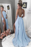 Simple Blue Chiffon Halter Backless Long Prom Dress with Split, Formal dress, M299